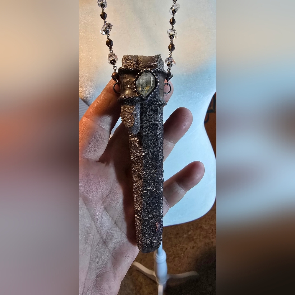 Silver and Black Textured Raw Gemstone Pendant Necklace